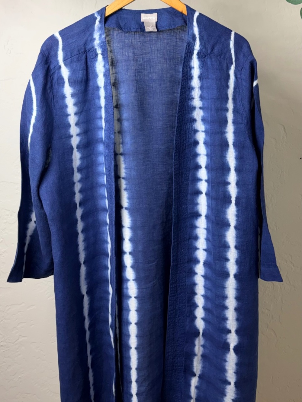 Chico’s 100% Linen Kimono Duster Size 3 16/18 Indigo Tie Dye Shibori Boho